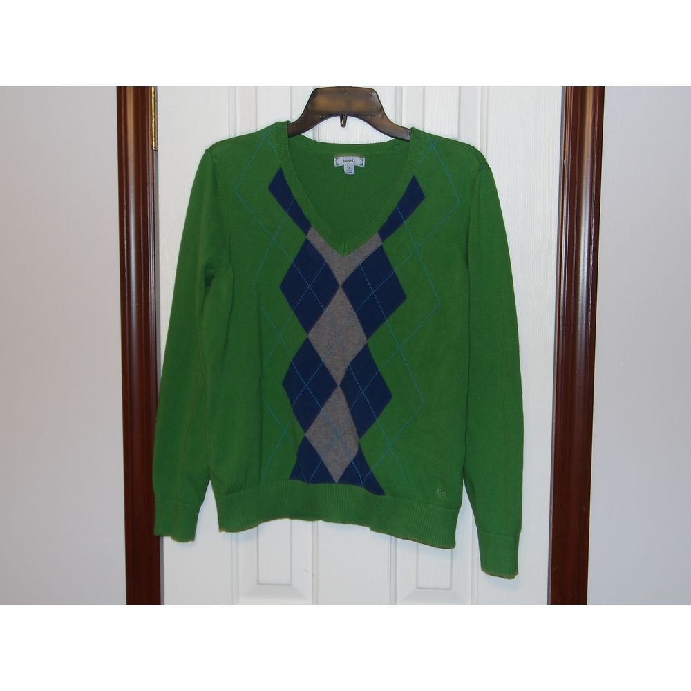 IZOD Green V-Neck Argyle Sweater Classic Preppy Blue Gray Diamond Pattern XL